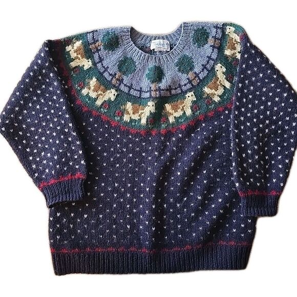 80s Deans Of Scotland 100% Shetland Wool Sweater Farmett Cows Cottagecore Farm L - Picture 1 of 7